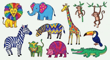 Naklejka premium Colorful Hand-Drawn Cartoon Animals for Children's Illustrations