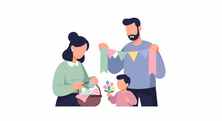 Fototapeta premium Family decorating for a celebration with colorful bunting and basket.