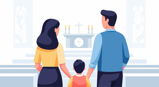 Family attending religious service in church looking at altar.