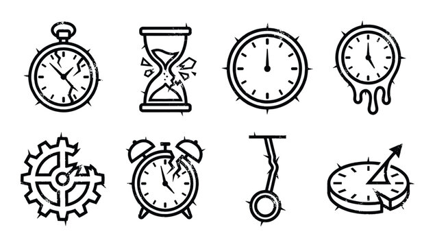 Set of time and clock icons with stopwatch hourglass clock alarm and sundial melting.