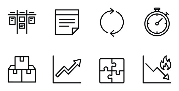 Sticky notes board document arrows cycle stopwatch boxes graph puzzle graph fire.