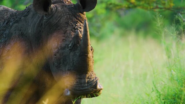Front view of a Afrcian black rhinoceros, (Diceros bicornis) eating grass. South Africa. 