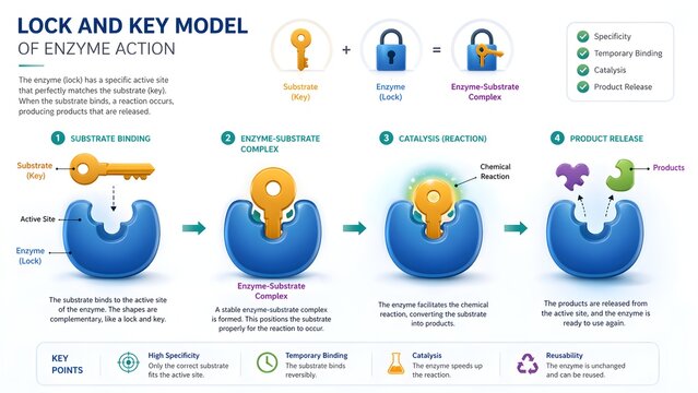 Lock and Key Model of Enzyme Action Infographic with Substrate Binding and Product Release