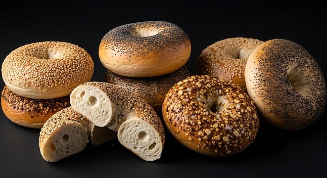 Assortment of freshly baked bagels on dark background with various toppings