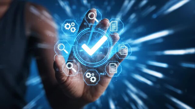 A hand holding a glowing blue checkmark with various icons surrounding it on a dark blue background with white streaks