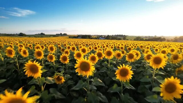 Scenic panorama of a vibrant sunflower field under a clear blue sky, capturing the essence of a peaceful summer landscape