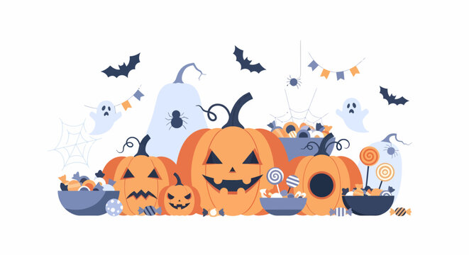 Halloween pumpkins with candy and ghosts for spooky celebration.