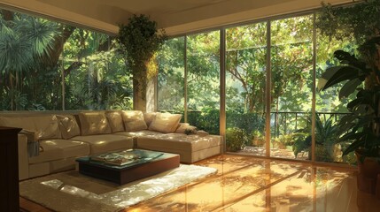 Fototapeta premium Sunny living room interior with comfortable sofa and large window overlooking lush garden, natural sunlight filling modern cozy home space with elegant decor and peaceful relaxation atmosphere
