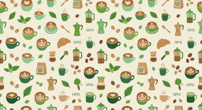Seamless Coffee Pattern with Green Leaves and Organic Style