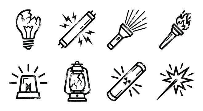 Disaster and emergency light source icons broken bulb flashlight torch lantern siren power outage symbols.