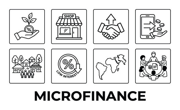 Microfinance line icon set depicting small business loans global investment and community banking aid.