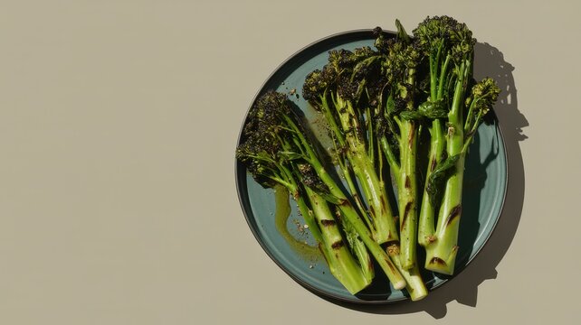 Grilled broccolini stalks arranged on a dark blue plate against a neutral beige background surface