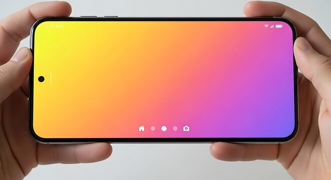 Hands holding a modern smartphone horizontally displaying a vibrant gradient of yellow, orange, pink, and purple, simulating a colorful screen interface on a clean background.
