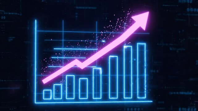 Digital graph of a stock market with a rising pink arrow showing financial growth and success on a blue background