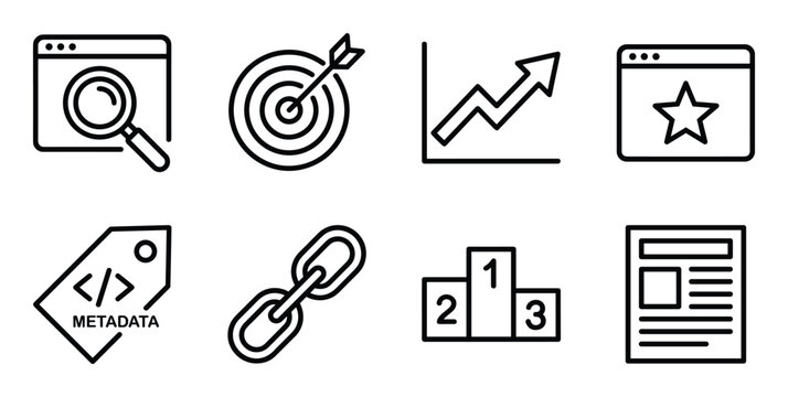 Search engine optimization icons: magnifying glass, target, graph, star, metadata tag, chain, podium, article.
