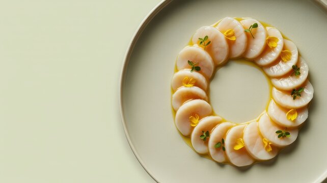 Thinly sliced raw scallops arranged in a circle with yellow petals on a pale green round plate