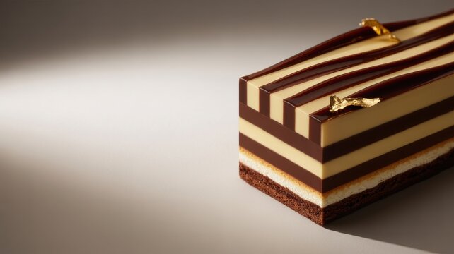Rectangular layered chocolate and vanilla cake with gold leaf garnish on a light gray surface