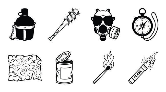 Survival gear and disaster preparedness items like canteen gas mask compass map and flare.