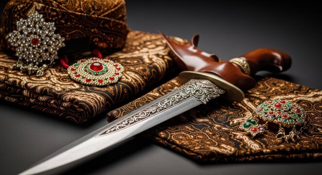 Elegant Kris dagger, jeweled ornaments, and patterned fabric showcasing Indonesian culture, art, and tradition.