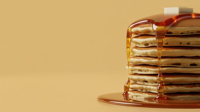 Stack of golden pancakes with melting butter and dripping maple syrup on a light beige background