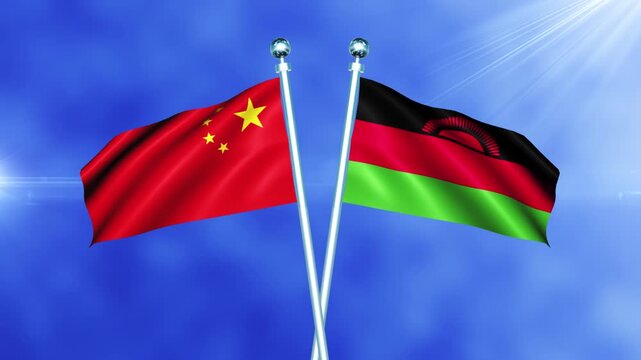 China and Malawi Flag Waving On Pole Loop