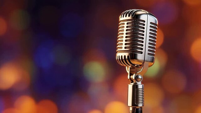 Vintage microphone on blurred lights