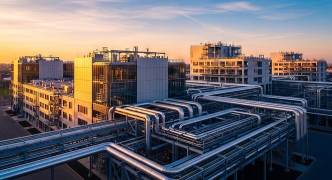 Expansive modern industrial complex captured from an elevated oblique angle during golden hour, showcasing sleek architecture and pipes, logistics, ventilation, structure