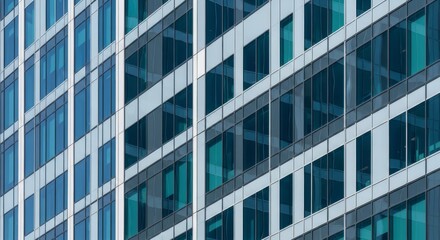 Fototapeta premium Minimalist urban architecture showcasing polished glass surfaces, linear patterns, and mirror-like reflections of light and shadow on windows, clean, geometric, clear