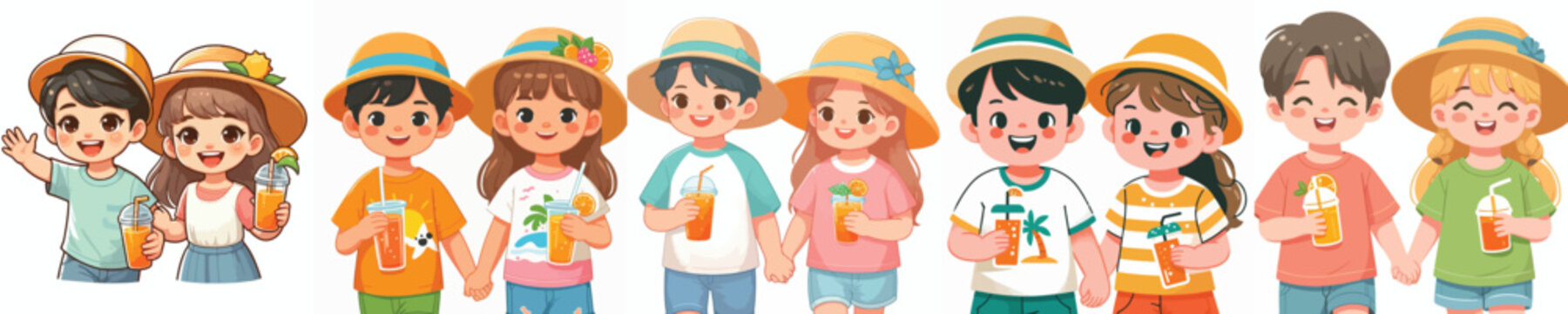 half body vector of a two children walking together on the beach drinking ice on summer