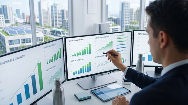 Businessman analyzing renewable energy market data on multiple monitors, green tech investment growth charts, sustainability index graphs, corporate office setting with city view