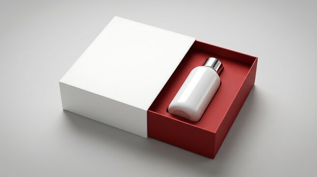 A white cosmetic bottle is elegantly placed inside a red and white box for gifting