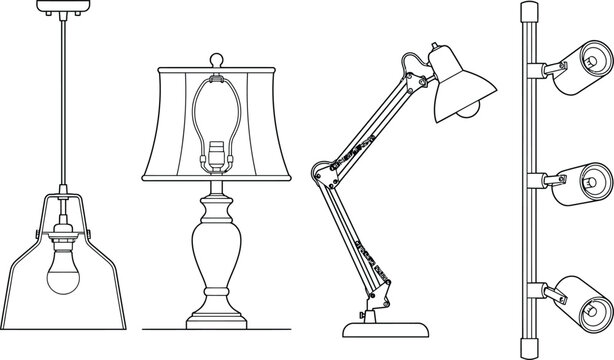 Architectural lighting symbols vector set in CAD technical line art, pendant lamp, table lamp, desk task light, and spotlight fixtures for interior design lighting plans, blueprint drawings