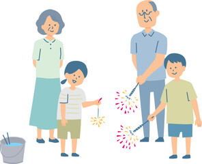 Fototapeta premium 孫と花火を楽しむシニア夫婦のイラスト