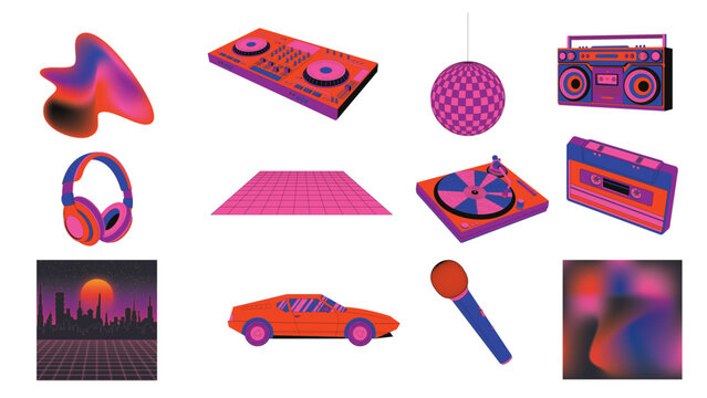 Retro 80s synthwave music elements set. Vector illustration of vintage boombox, cassette tape, DJ mixer, headphones, and disco ball in neon purple and orange aesthetic.