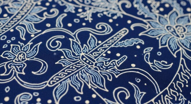 Detailed blue and white batik pattern with floral design and sword motifs, creating a rich textile background.