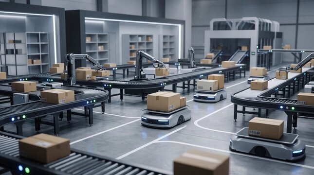 Automated warehouse logistics system with robotic arms and autonomous mobile robots sorting cardboard boxes on conveyor belts, smart supply chain management, industrial automation