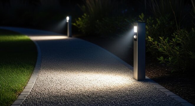 Modern stainless steel motion sensor bollard lights illuminating a pathway at night