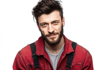 Obraz premium Man with beard and mustache wearing red jacket and striped shirt looking at camera with confident smile isolated on white background studio portrait.