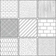 Architectural surface fill patterns vector set in top view. CAD hatch textures, brick, wood grain, concrete and crosshatch symbols for construction drawings, floor finishes and technical drafting © PrimePixel Co
