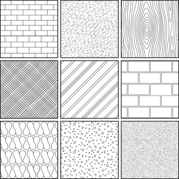 Architectural surface fill patterns vector set in top view. CAD hatch textures, brick, wood grain, concrete and crosshatch symbols for construction drawings, floor finishes and technical drafting