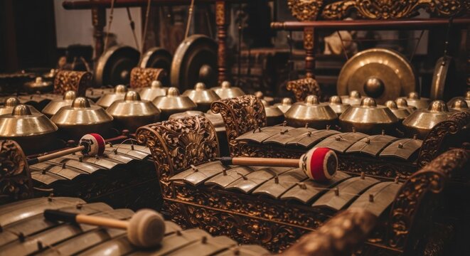 Detailed view of a Gamelan musical instrument, traditional Indonesian music with gongs and mallets, culture and art, Indonesian music.