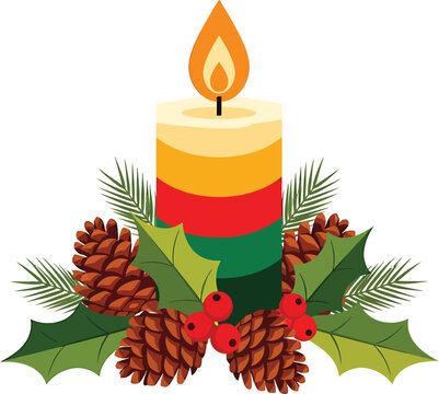 Kwanzaa kinara candle festive holiday decoration with pinecones and holly in traditional African colors for cultural celebration on transparent background