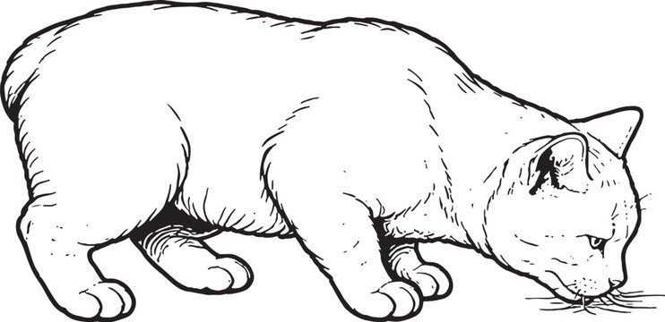 Manx cat drinking black and white line art vector side view isolated