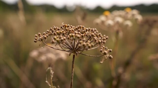 Close-up of dried dill umbel with small seeds in a field on a late summer afternoon with blurred background