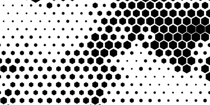 Hexagon halftone gradient texture. Abstract black grunge background. Geometric retro halftone tech overlay. Fading wavy hexagonal pattern backdrop. Vector vanishing honeycomb grunge bitmap wallpaper