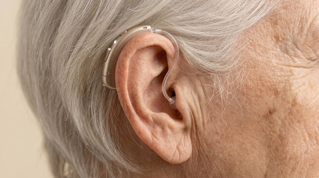 Cinematic close-up of discreet BTE hearing device on senior adult to facilitate inclusive geriatric healthcare communication in clinical settings.