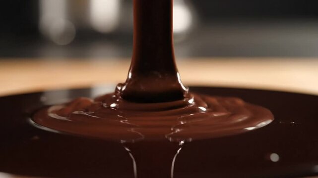 molten dark chocolate cascading onto a surface creating a pool of deliciousness