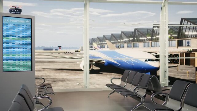 Empty airport lounge with view of the runway and board displaying flight details and departure times. Waiting area with no people and no luggage shown, quiet moment before passengers arrive.