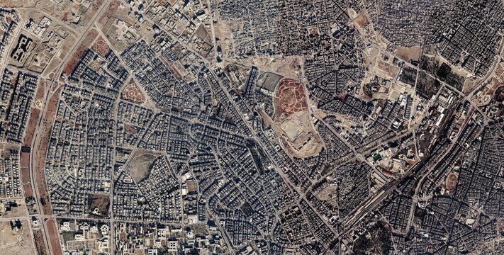 Aleppo Ancient City and Citadel Aerial Satellite View, Syria