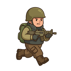 Fototapeta premium Tactical personnel character in running pose with field equipment in cartoon flat vector style isolated on white background